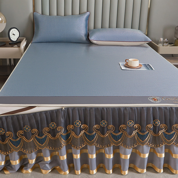 91家纺网 家纺一手货源 找家纺 情恒家纺 2025新款冰藤可拆卸床裙席三件套 皇朝 雾蓝