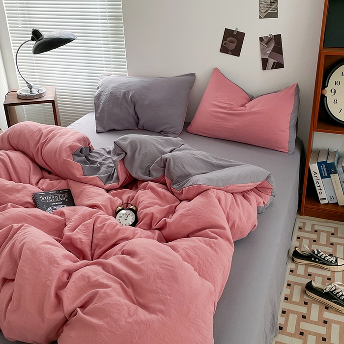 91家纺网 家纺一手货源 找家纺 优尚佳生活馆 2025新款ins风超柔褶皱亲肤磨毛水洗棉四件套双拼系列（风格二） 豆沙浅灰