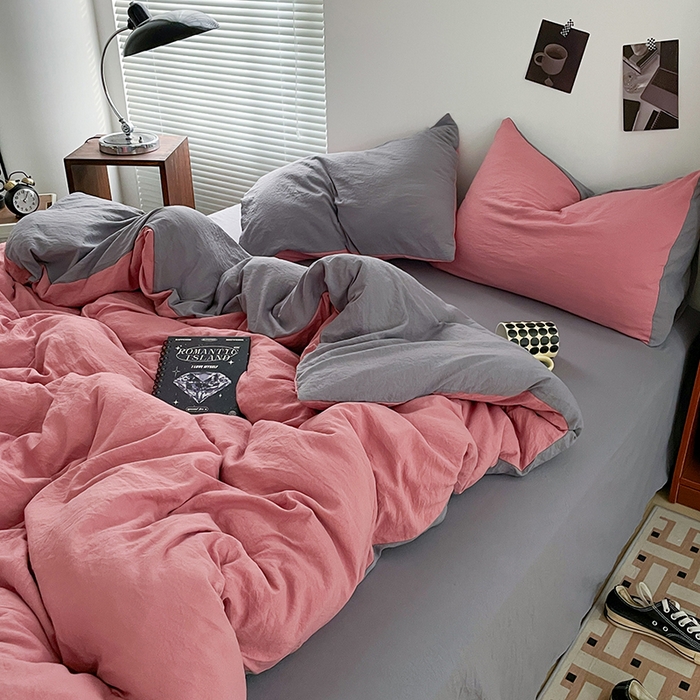 91家纺网 家纺一手货源 找家纺 优尚佳生活馆 2025新款ins风超柔褶皱亲肤磨毛水洗棉四件套双拼系列（风格二） 豆沙浅灰