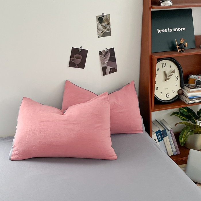 91家纺网 家纺一手货源 找家纺 优尚佳生活馆 2025新款ins风超柔褶皱亲肤磨毛水洗棉四件套双拼系列（风格二） 豆沙浅灰