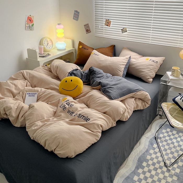 91家纺网 家纺一手货源 找家纺 优尚佳生活馆 2025新款水洗棉磨毛刺绣四件套 微笑-卡其灰