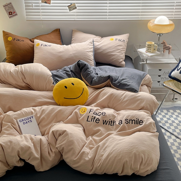 91家纺网 家纺一手货源 找家纺 优尚佳生活馆 2025新款水洗棉磨毛刺绣四件套 微笑-卡其灰