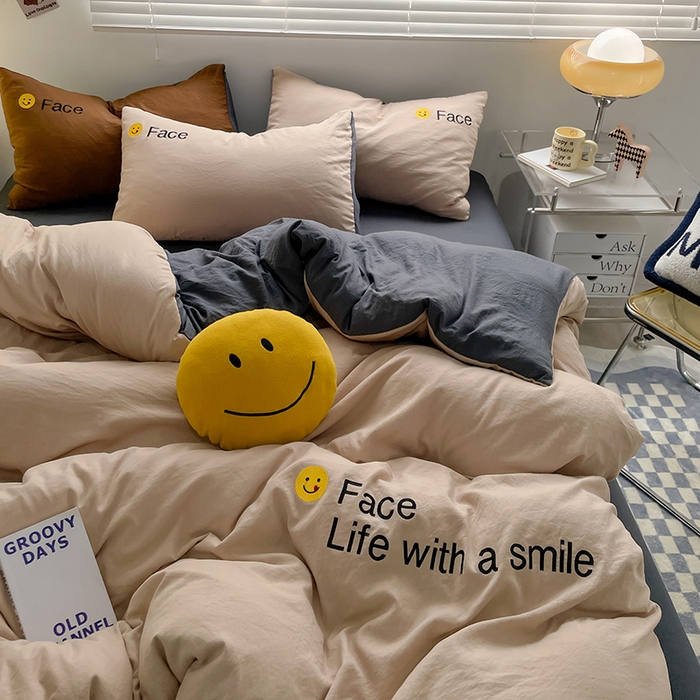 91家纺网 家纺一手货源 找家纺 优尚佳生活馆 2025新款水洗棉磨毛刺绣四件套 微笑-卡其灰