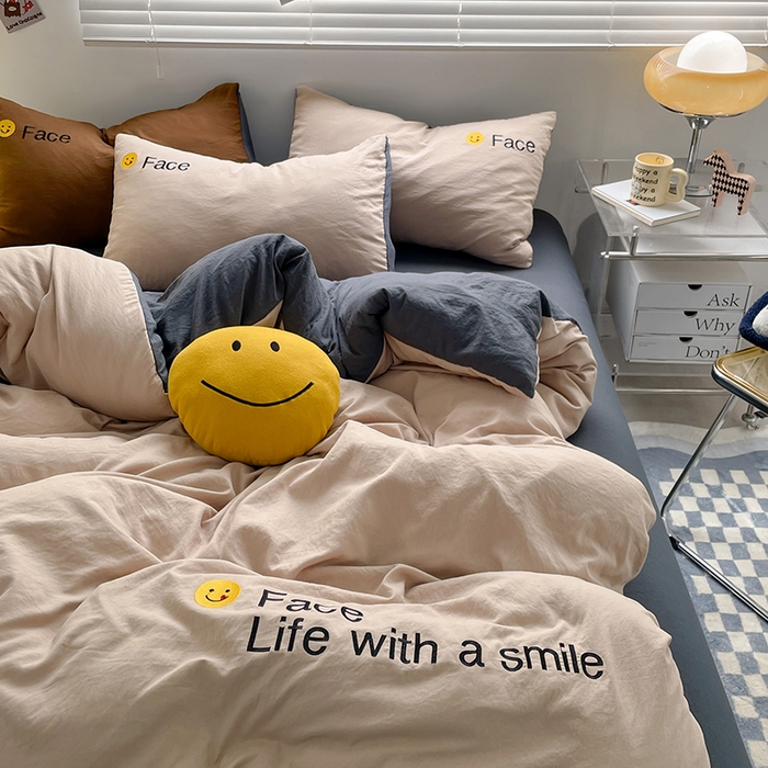 91家纺网 家纺一手货源 找家纺 优尚佳生活馆 2025新款水洗棉磨毛刺绣四件套 微笑-卡其灰