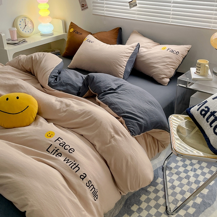 91家纺网 家纺一手货源 找家纺 优尚佳生活馆 2025新款水洗棉磨毛刺绣四件套 微笑-卡其灰