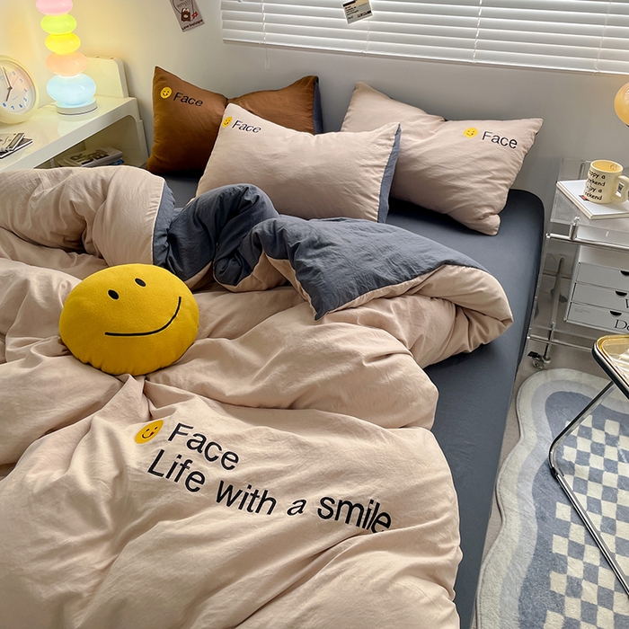 91家纺网 家纺一手货源 找家纺 优尚佳生活馆 2025新款水洗棉磨毛刺绣四件套 微笑-卡其灰