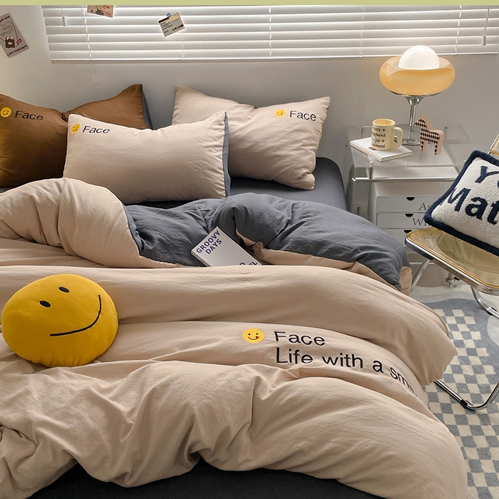 91家纺网 家纺一手货源 找家纺 优尚佳生活馆 2025新款水洗棉磨毛刺绣四件套 微笑-卡其灰