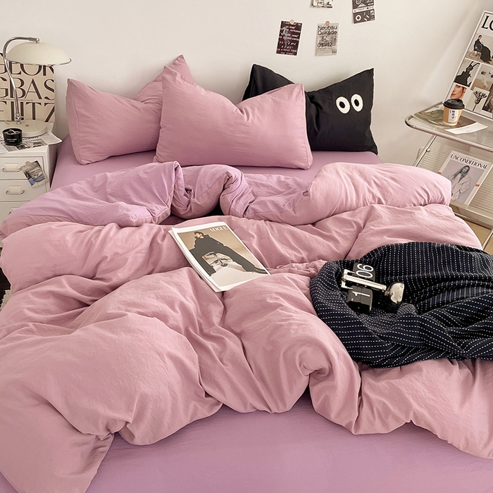 优尚佳生活馆 2025新款ins风超柔褶皱亲肤磨毛水洗棉四件套双拼系列（风格一） 深紫浅紫