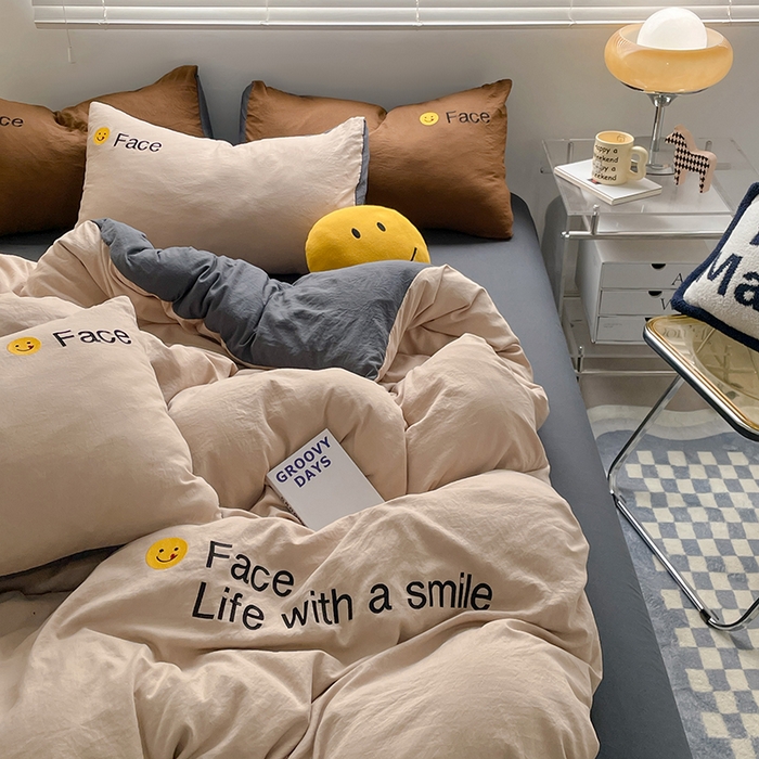 91家纺网 家纺一手货源 找家纺 优尚佳生活馆 2025新款水洗棉磨毛刺绣四件套 微笑-卡其灰