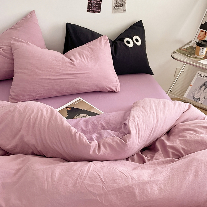 91家纺网 家纺一手货源 找家纺 优尚佳生活馆 2025新款ins风超柔褶皱亲肤磨毛水洗棉四件套双拼系列（风格一） 深紫浅紫