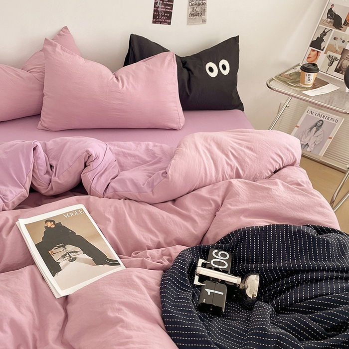 91家纺网 家纺一手货源 找家纺 优尚佳生活馆 2025新款ins风超柔褶皱亲肤磨毛水洗棉四件套双拼系列（风格一） 深紫浅紫