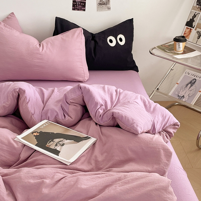 91家纺网 家纺一手货源 找家纺 优尚佳生活馆 2025新款ins风超柔褶皱亲肤磨毛水洗棉四件套双拼系列（风格一） 深紫浅紫