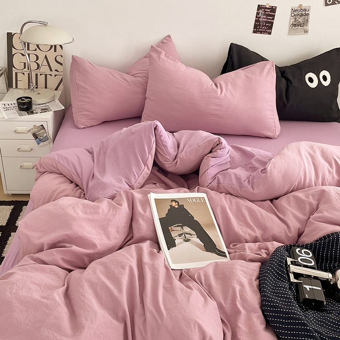 91家纺网 家纺一手货源 找家纺 优尚佳生活馆 2025新款ins风超柔褶皱亲肤磨毛水洗棉四件套双拼系列（风格一） 深紫浅紫