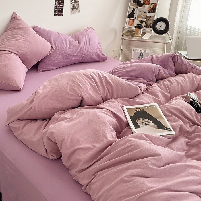 91家纺网 家纺一手货源 找家纺 优尚佳生活馆 2025新款ins风超柔褶皱亲肤磨毛水洗棉四件套双拼系列（风格一） 深紫浅紫