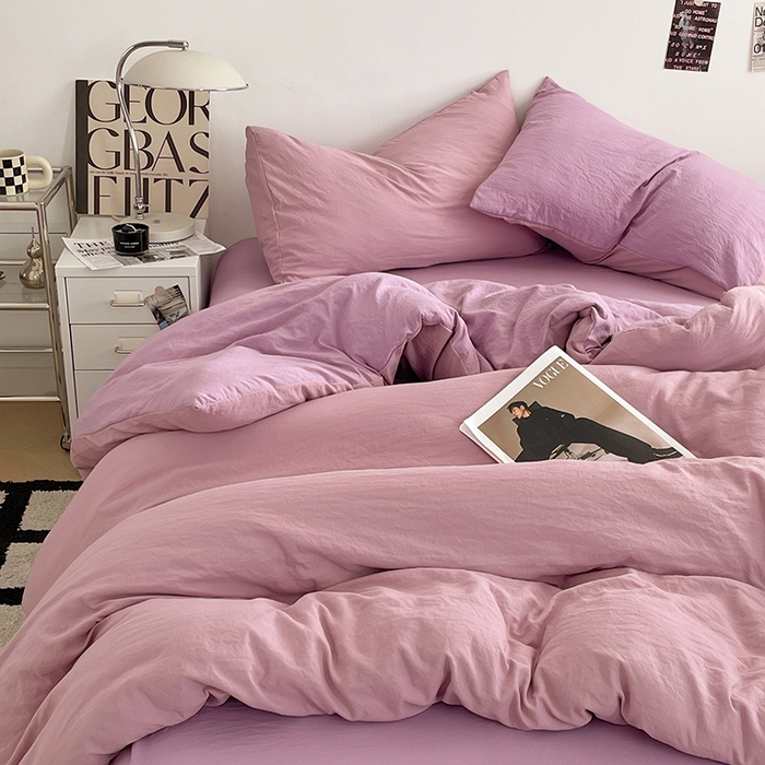 91家纺网 家纺一手货源 找家纺 优尚佳生活馆 2025新款ins风超柔褶皱亲肤磨毛水洗棉四件套双拼系列（风格一） 深紫浅紫