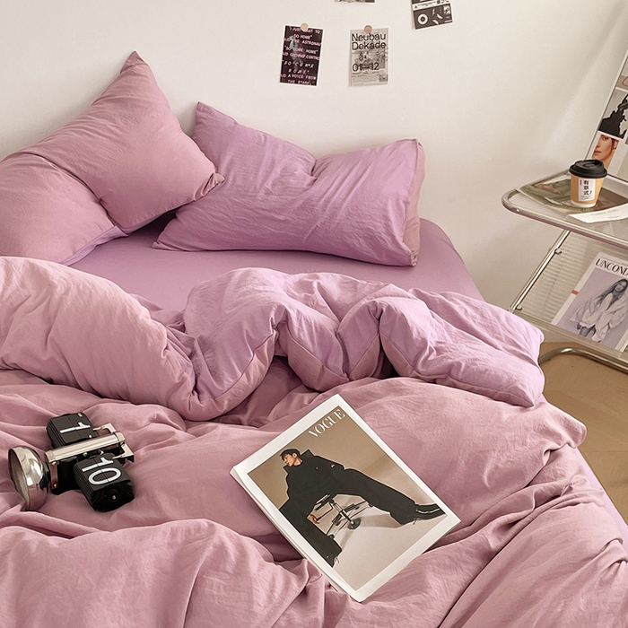 91家纺网 家纺一手货源 找家纺 优尚佳生活馆 2025新款ins风超柔褶皱亲肤磨毛水洗棉四件套双拼系列（风格一） 深紫浅紫