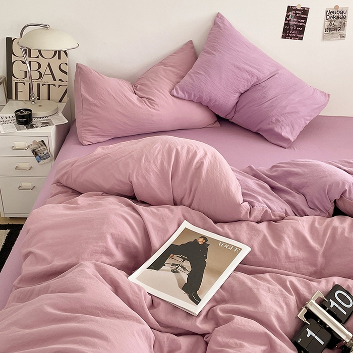 91家纺网 家纺一手货源 找家纺 优尚佳生活馆 2025新款ins风超柔褶皱亲肤磨毛水洗棉四件套双拼系列（风格一） 深紫浅紫