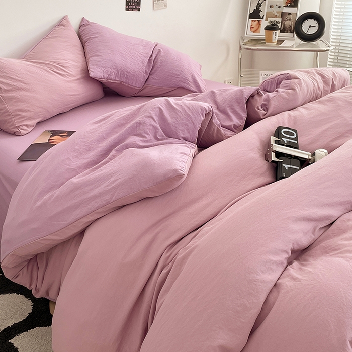 91家纺网 家纺一手货源 找家纺 优尚佳生活馆 2025新款ins风超柔褶皱亲肤磨毛水洗棉四件套双拼系列（风格一） 深紫浅紫