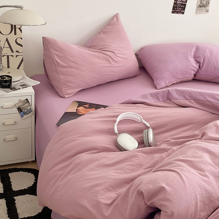 91家纺网 家纺一手货源 找家纺 优尚佳生活馆 2025新款ins风超柔褶皱亲肤磨毛水洗棉四件套双拼系列（风格一） 深紫浅紫