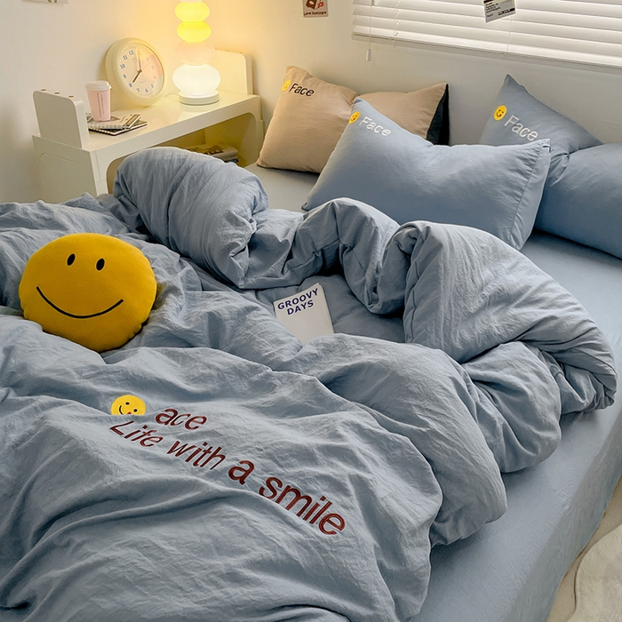 91家纺网 家纺一手货源 找家纺 优尚佳生活馆 2025新款水洗棉磨毛刺绣四件套 微笑天空