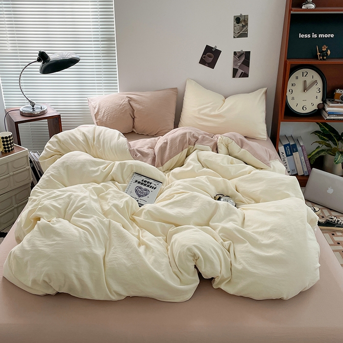 优尚佳生活馆 2025新款ins风超柔褶皱亲肤磨毛水洗棉四件套双拼系列（风格二） 菊蕊奶黄