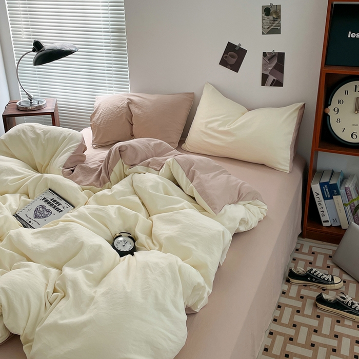 91家纺网 家纺一手货源 找家纺 优尚佳生活馆 2025新款ins风超柔褶皱亲肤磨毛水洗棉四件套双拼系列（风格二） 菊蕊奶黄