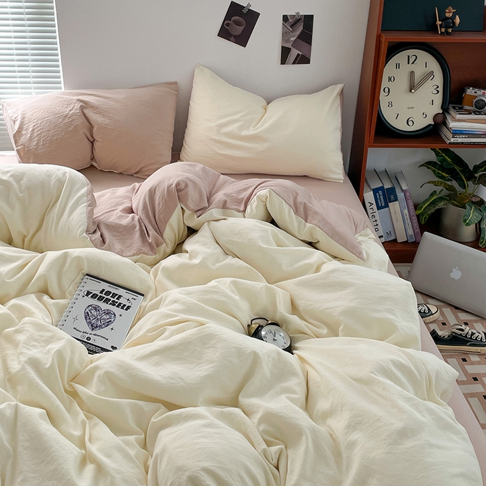 91家纺网 家纺一手货源 找家纺 优尚佳生活馆 2025新款ins风超柔褶皱亲肤磨毛水洗棉四件套双拼系列（风格二） 菊蕊奶黄