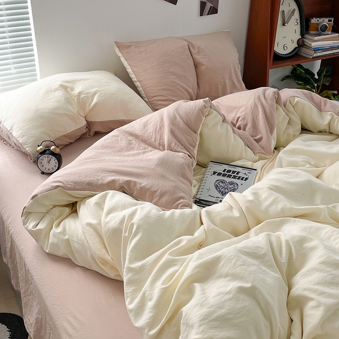 91家纺网 家纺一手货源 找家纺 优尚佳生活馆 2025新款ins风超柔褶皱亲肤磨毛水洗棉四件套双拼系列（风格二） 菊蕊奶黄