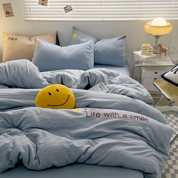 91家纺网 家纺一手货源 找家纺 优尚佳生活馆 2025新款水洗棉磨毛刺绣四件套 微笑天空