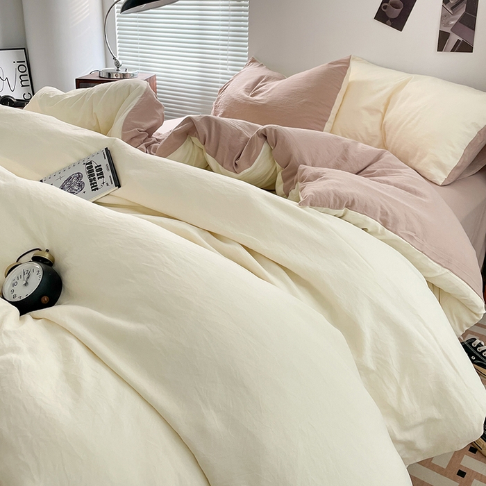 91家纺网 家纺一手货源 找家纺 优尚佳生活馆 2025新款ins风超柔褶皱亲肤磨毛水洗棉四件套双拼系列（风格二） 菊蕊奶黄