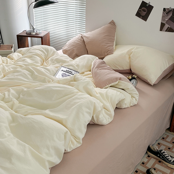 91家纺网 家纺一手货源 找家纺 优尚佳生活馆 2025新款ins风超柔褶皱亲肤磨毛水洗棉四件套双拼系列（风格二） 菊蕊奶黄