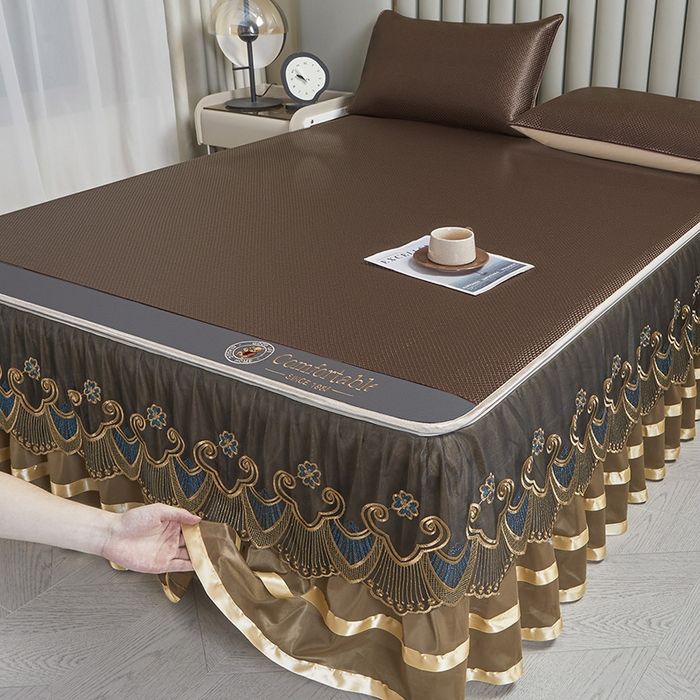 91家纺网 家纺一手货源 找家纺 情恒家纺 2025新款冰藤可拆卸床裙席三件套 皇朝 深棕