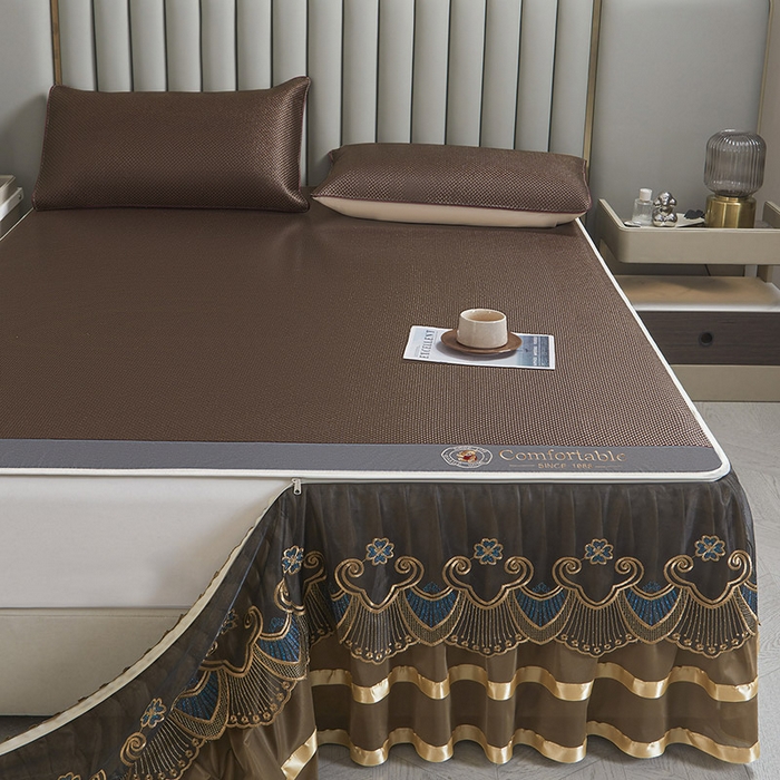 91家纺网 家纺一手货源 找家纺 情恒家纺 2025新款冰藤可拆卸床裙席三件套 皇朝 深棕