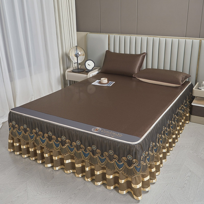 91家纺网 家纺一手货源 找家纺 情恒家纺 2025新款冰藤可拆卸床裙席三件套 皇朝 深棕