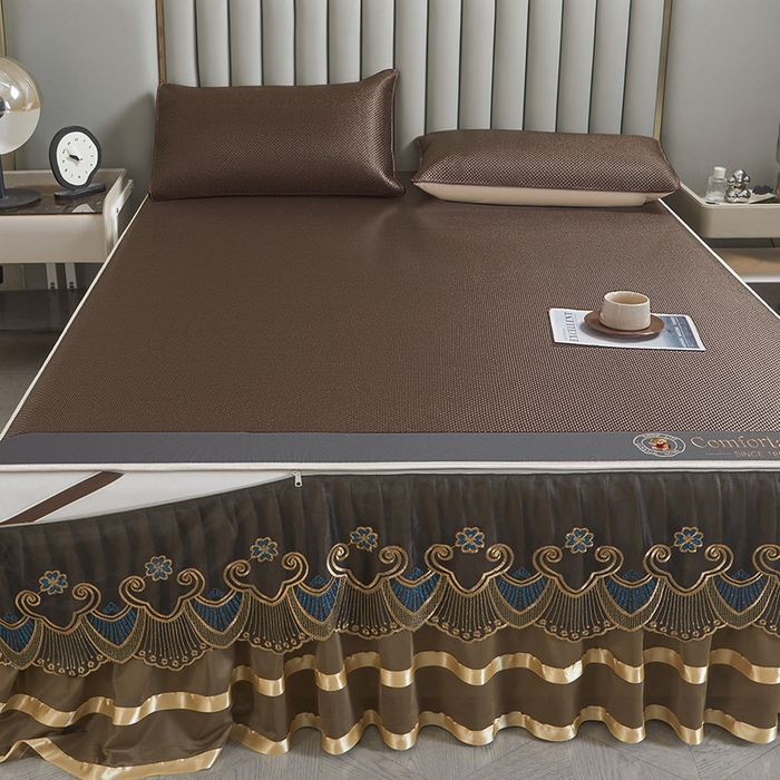 91家纺网 家纺一手货源 找家纺 情恒家纺 2025新款冰藤可拆卸床裙席三件套 皇朝 深棕