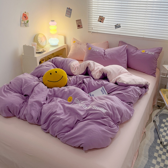 91家纺网 家纺一手货源 找家纺 优尚佳生活馆 2025新款水洗棉磨毛刺绣四件套 紫郁香粉