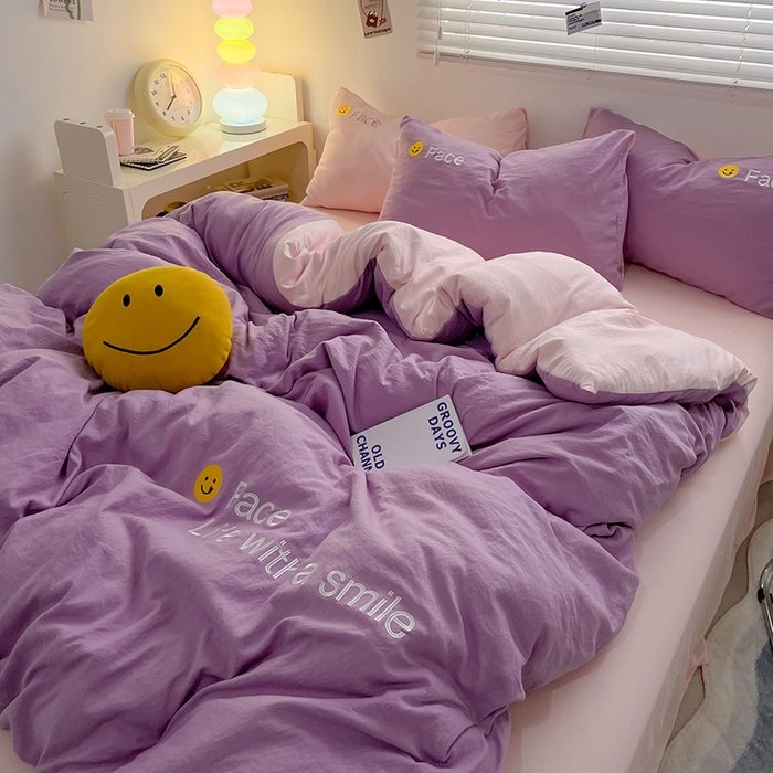 91家纺网 家纺一手货源 找家纺 优尚佳生活馆 2025新款水洗棉磨毛刺绣四件套 紫郁香粉