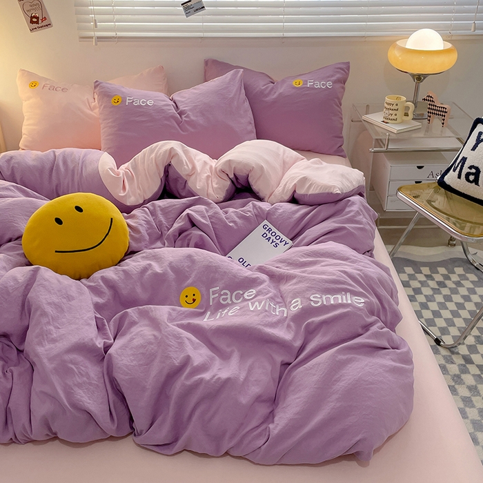 91家纺网 家纺一手货源 找家纺 优尚佳生活馆 2025新款水洗棉磨毛刺绣四件套 紫郁香粉