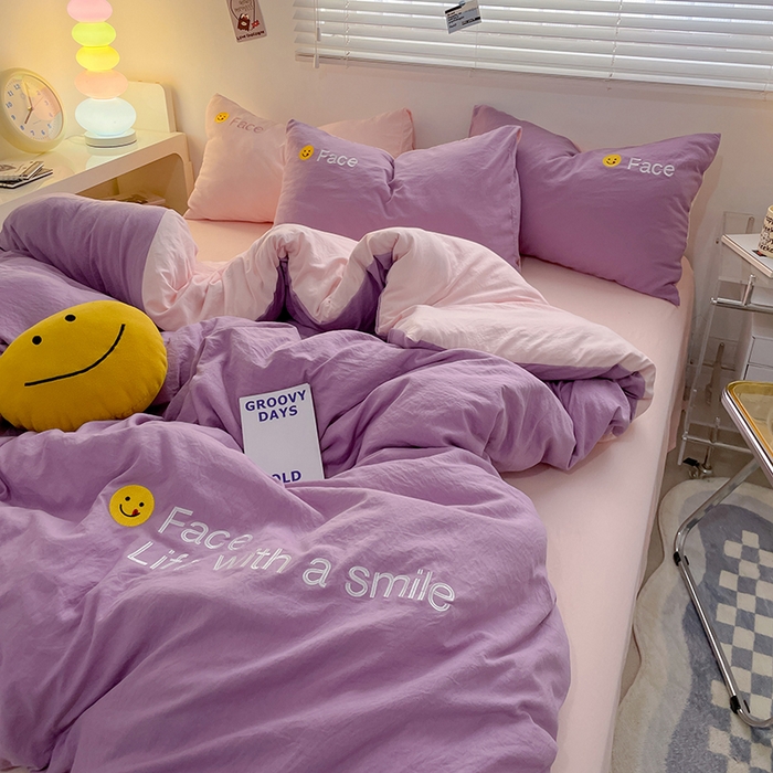 91家纺网 家纺一手货源 找家纺 优尚佳生活馆 2025新款水洗棉磨毛刺绣四件套 紫郁香粉