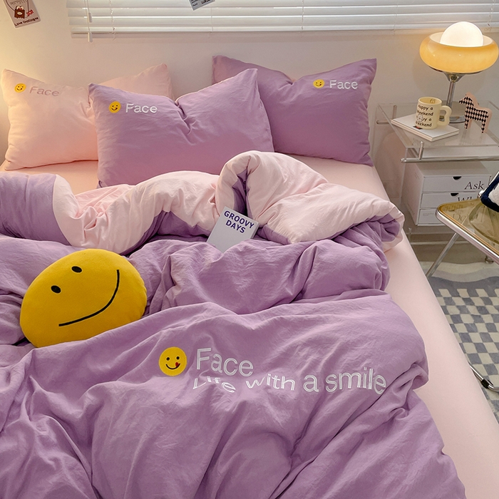 91家纺网 家纺一手货源 找家纺 优尚佳生活馆 2025新款水洗棉磨毛刺绣四件套 紫郁香粉