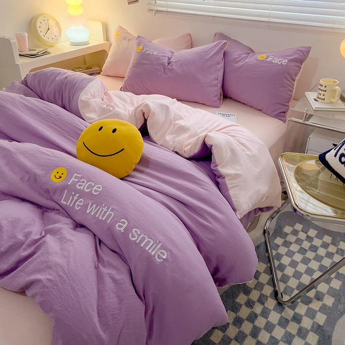 91家纺网 家纺一手货源 找家纺 优尚佳生活馆 2025新款水洗棉磨毛刺绣四件套 紫郁香粉