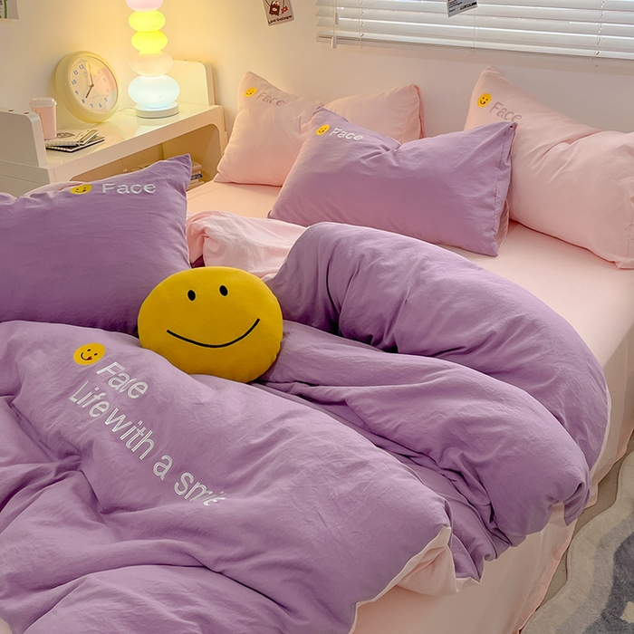 91家纺网 家纺一手货源 找家纺 优尚佳生活馆 2025新款水洗棉磨毛刺绣四件套 紫郁香粉