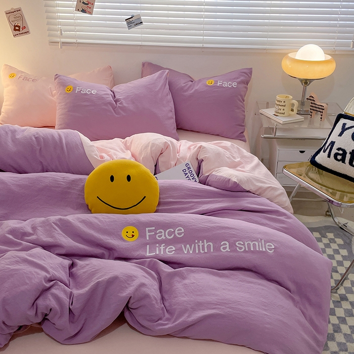 91家纺网 家纺一手货源 找家纺 优尚佳生活馆 2025新款水洗棉磨毛刺绣四件套 紫郁香粉