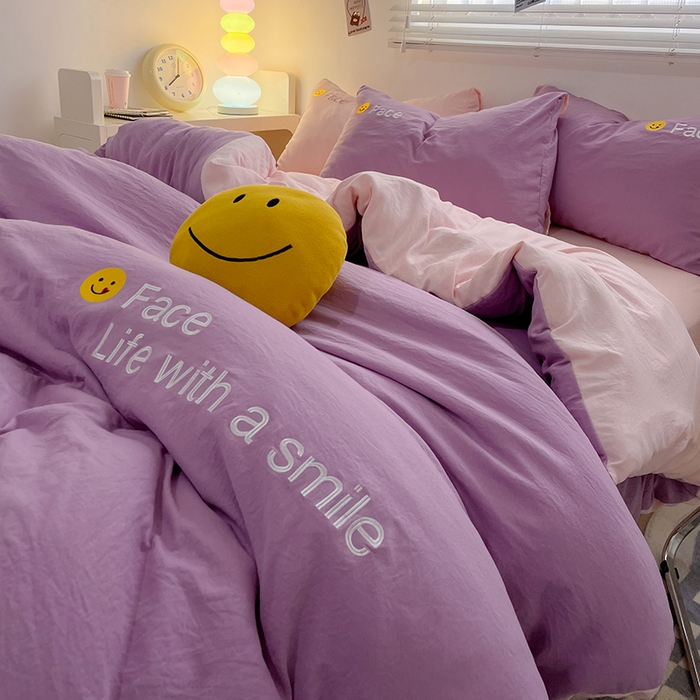 91家纺网 家纺一手货源 找家纺 优尚佳生活馆 2025新款水洗棉磨毛刺绣四件套 紫郁香粉