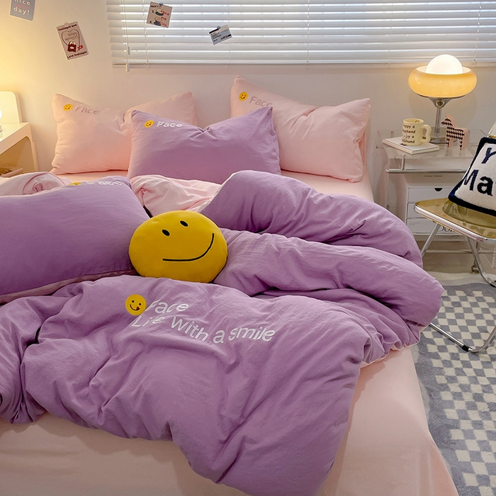 91家纺网 家纺一手货源 找家纺 优尚佳生活馆 2025新款水洗棉磨毛刺绣四件套 紫郁香粉