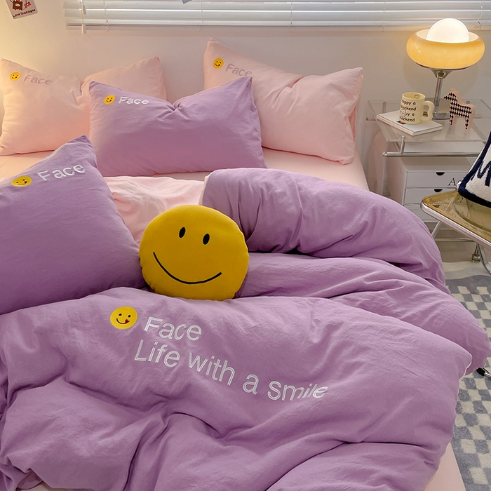 91家纺网 家纺一手货源 找家纺 优尚佳生活馆 2025新款水洗棉磨毛刺绣四件套 紫郁香粉