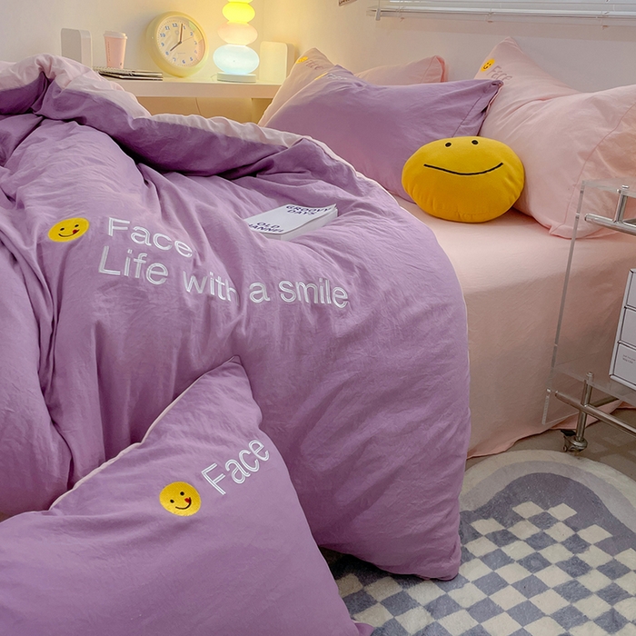 91家纺网 家纺一手货源 找家纺 优尚佳生活馆 2025新款水洗棉磨毛刺绣四件套 紫郁香粉