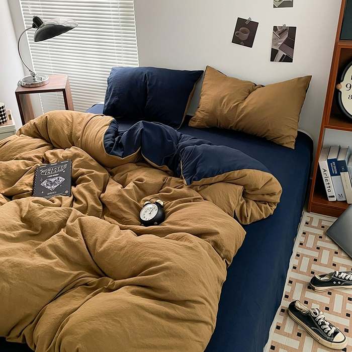 91家纺网 家纺一手货源 找家纺 优尚佳生活馆 2025新款ins风超柔褶皱亲肤磨毛水洗棉四件套双拼系列（风格二） 玛瑙洛克