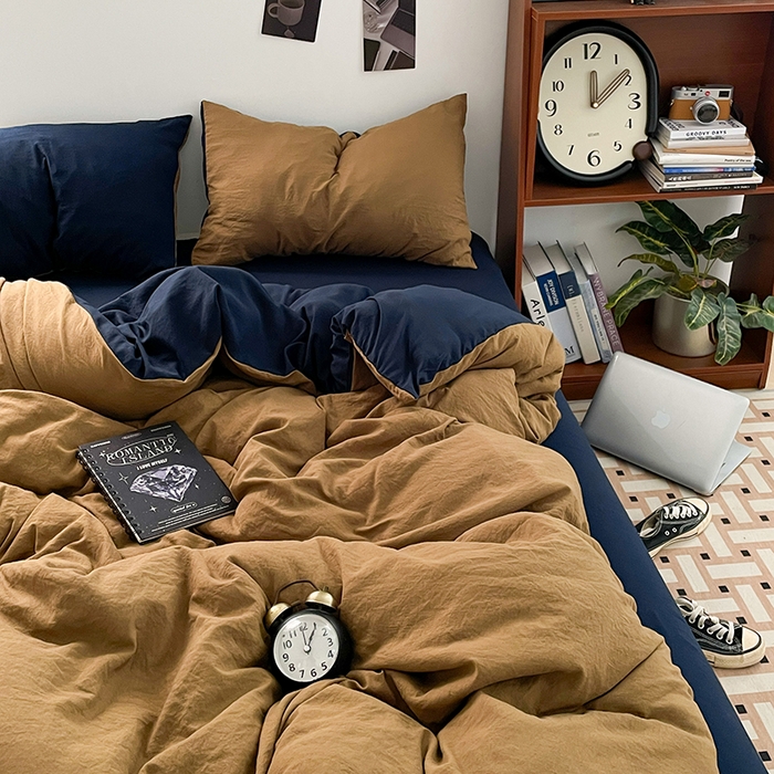 91家纺网 家纺一手货源 找家纺 优尚佳生活馆 2025新款ins风超柔褶皱亲肤磨毛水洗棉四件套双拼系列（风格二） 玛瑙洛克