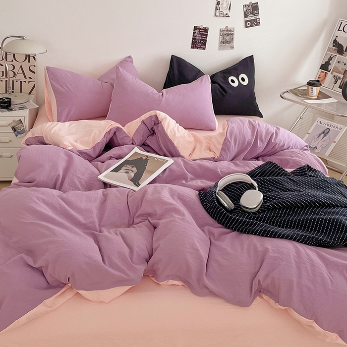 优尚佳生活馆 2025新款ins风超柔褶皱亲肤磨毛水洗棉四件套双拼系列（风格一） 香芋粉